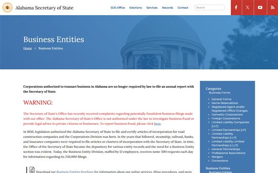 Screenshot of Alabama Secretary of State Business Entities