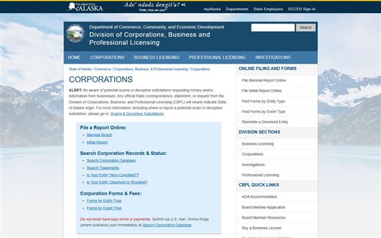 Screenshot of Alaska Division of Corporations Business and Professional Licensing Screenshot of Alaska Division of Corporations Business and Professional Licensing