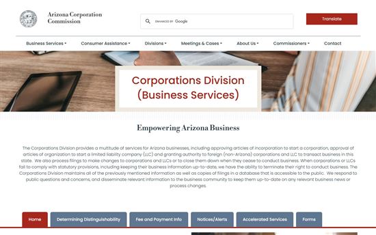 Screenshot of Arizona Corporation Commission Corporations Division