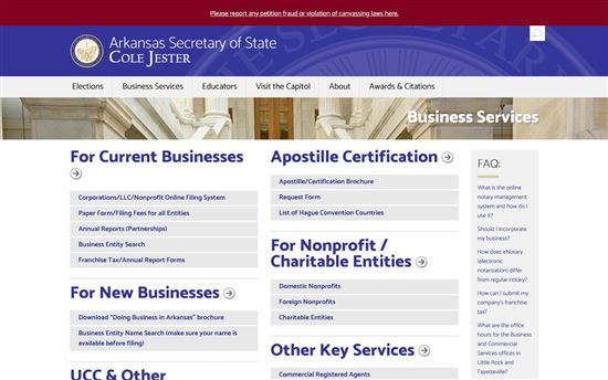 Screenshot of Arkansas Secretary of State Business Services Screenshot of Arkansas Secretary of State Business Services