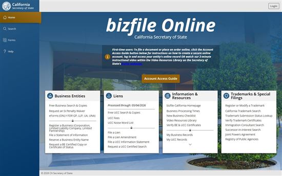 Screenshot of California bizfile Online