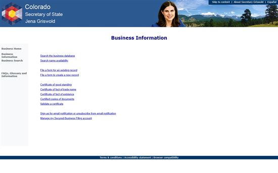 Screenshot of Colorado Secretary of State Business Information Screenshot of Colorado Secretary of State Business Information