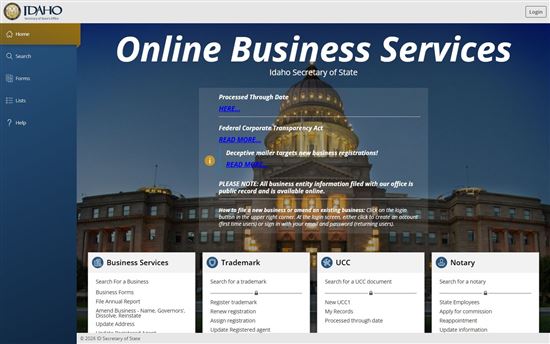 Screenshot of Idaho Secretary of State Online Business Services Screenshot of Idaho Secretary of State Online Business Services