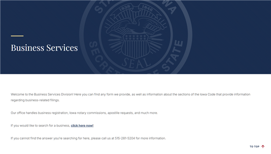 Screenshot of Iowa Secretary of State Business Services