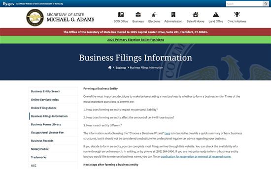 Screenshot of Kentucky Secretary of State Business Filings Information
