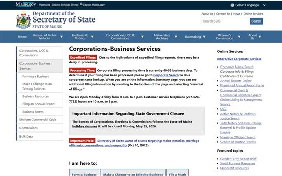 Screenshot of Maine Secretary of State Corporations-Business Services