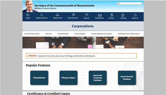 Screenshot of Massachusetts Secretary of the Commonwealth Corporations