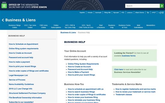 Screenshot of Minnesota Secretary of State Business & Liens Screenshot of Minnesota Secretary of State Business & Liens