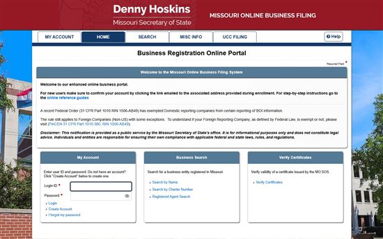 Screenshot of Missouri Secretary of State Online Business Filing Screenshot of Missouri Secretary of State Online Business Filing