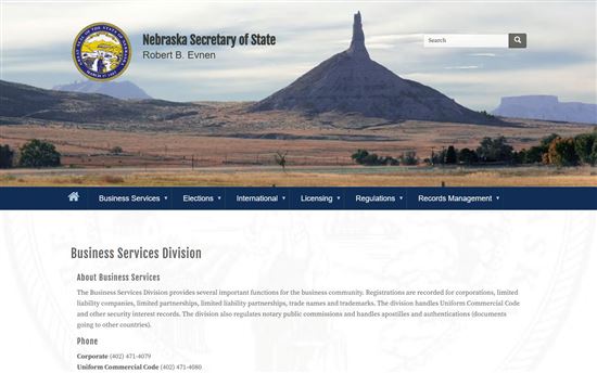 Screenshot of Nebraska Secretary of State Business Services Division