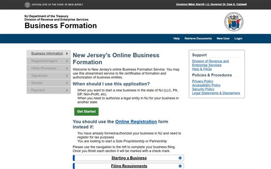 Screenshot of New Jersey Division of Revenue and Enterprise Services Business Formation Screenshot of New Jersey Division of Revenue and Enterprise Services Business Formation
