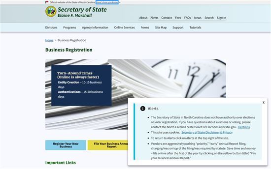 Screenshot of North Carolina Secretary of State Business Registration