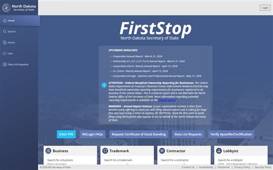 Screenshot of North Dakota Secretary of State FirstStop Screenshot of North Dakota Secretary of State FirstStop