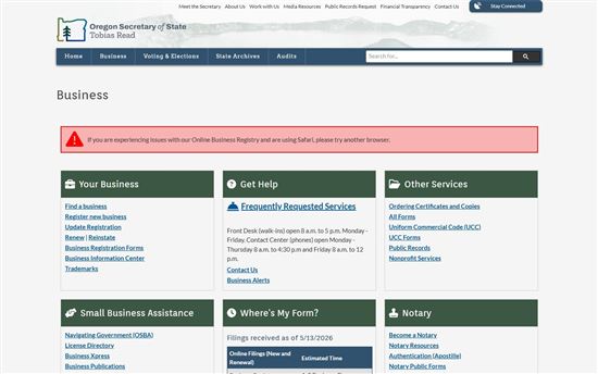 Screenshot of Oregon Secretary of State Business Screenshot of Oregon Secretary of State Business