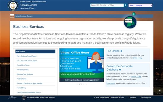 Screenshot of Rhode Island Department of State Business Services
