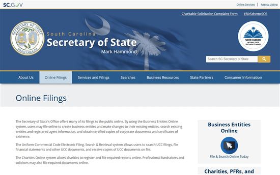 Screenshot of South Carolina Secretary of State Online Filings Screenshot of South Carolina Secretary of State Online Filings