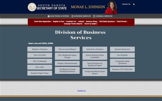 Screenshot of South Dakota Secretary of State Division of Business Services Screenshot of South Dakota Secretary of State Division of Business Services