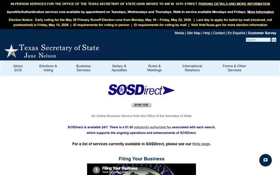 Screenshot of Texas Secretary of State SOSDirect