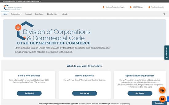 Screenshot of Utah Department of Commerce Division of Corporations & Commercial Code Screenshot of Utah Department of Commerce Division of Corporations & Commercial Code