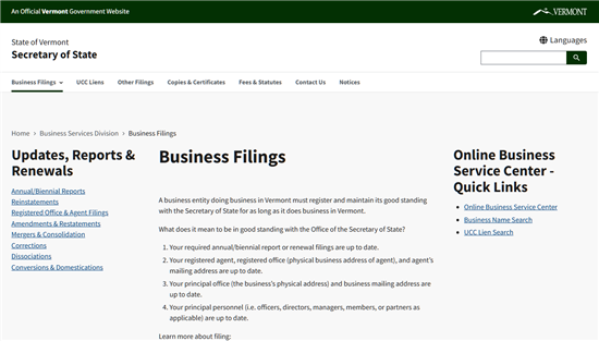 Screenshot of Vermont Secretary of State Business Filings