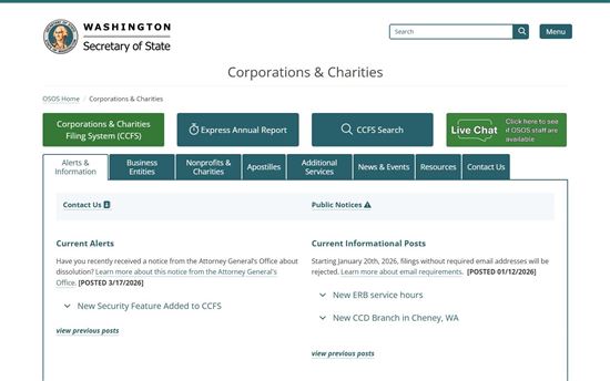 Screenshot of Washington Secretary of State Corporations & Charities
