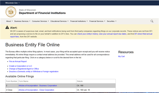 Screenshot of Wisconsin Department of Financial Institutions Business Entity File Online Screenshot of Wisconsin Department of Financial Institutions Business Entity File Online