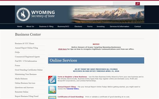 Screenshot of Wyoming Secretary of State Business Center