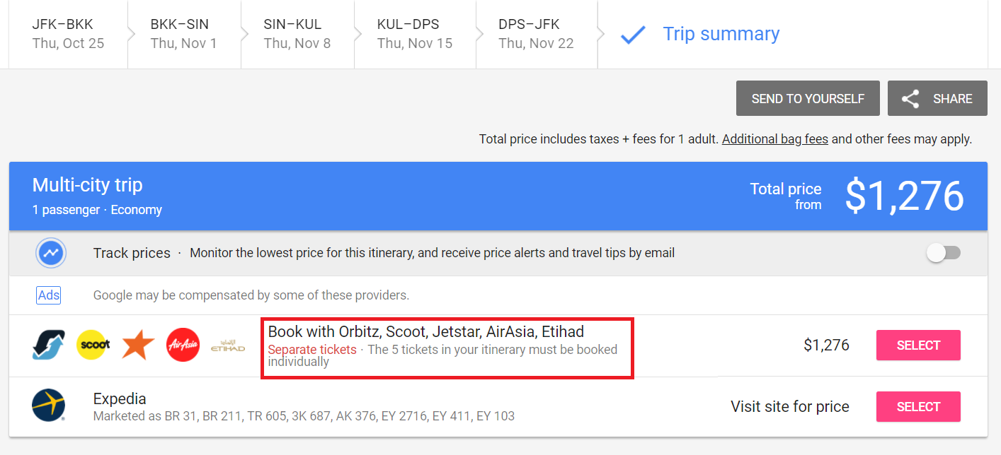 Image result for book separate tickets google flights