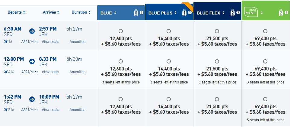 Jetblue Redemption Chart